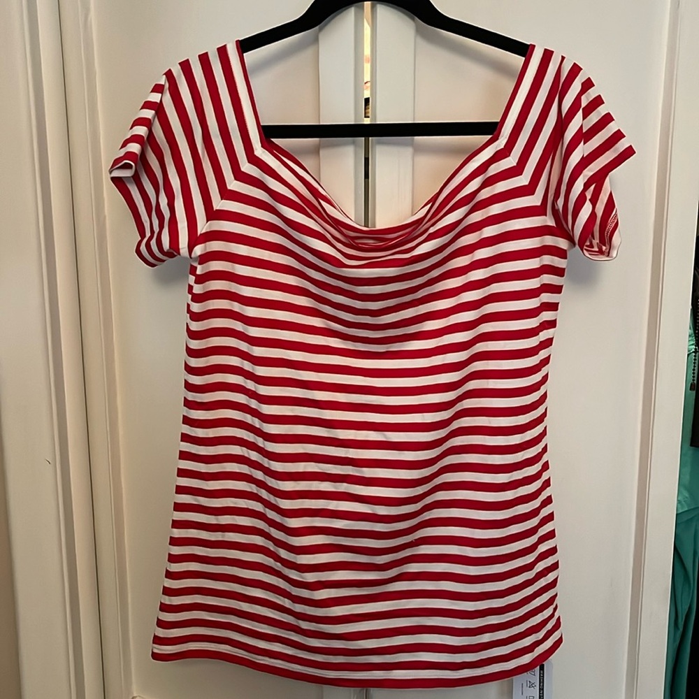 Red and white striped square neck shirt